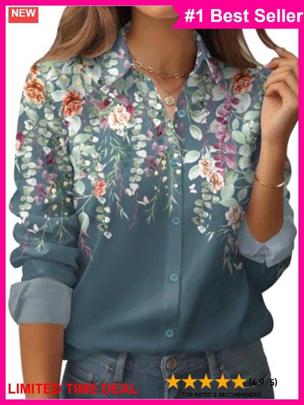 Floral Button Down Shirt Long Sleeve Work Blouse Pocket